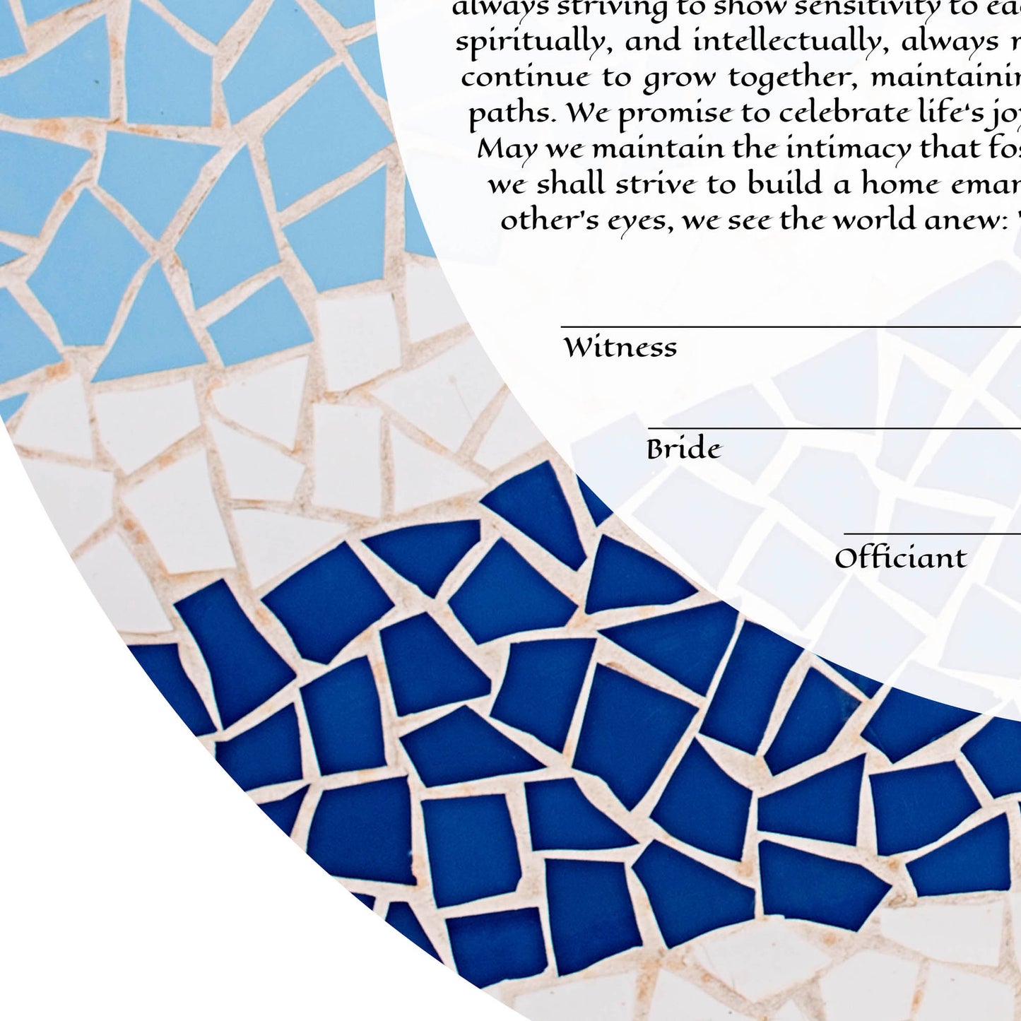 Blue White Mosaic Ketubah, Israeli Flag Abstract Ketubah, Jewish Wedding Vows closeup