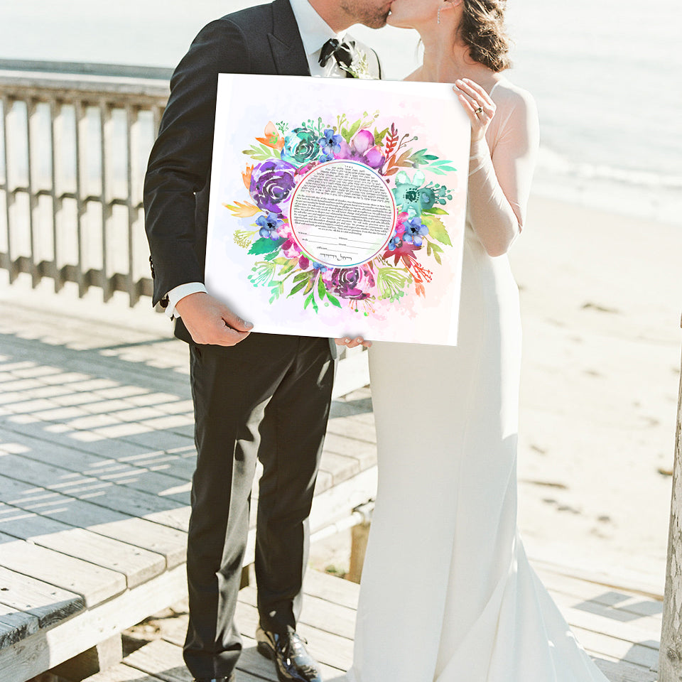 Watercolor Floral Modern Ketubah Vibrant Colorful Wreath Ketubah Jewish Wedding Certificate Contemporary Interfaith Ketubah