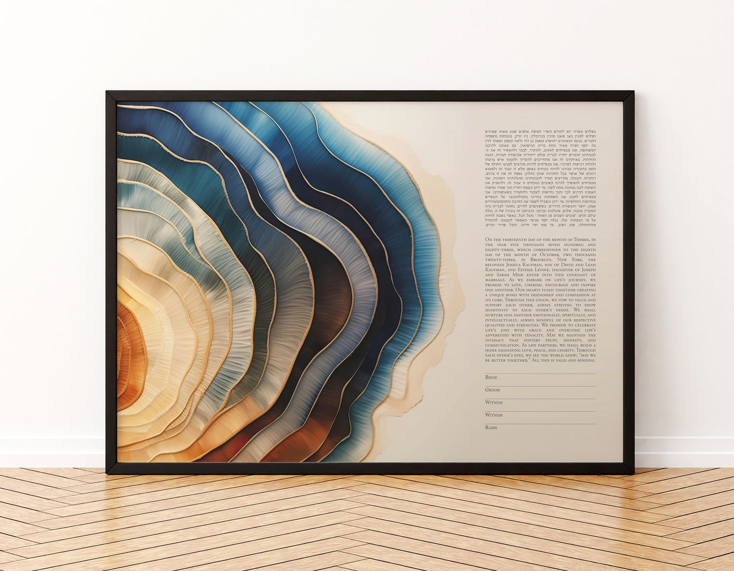 tree ring wedding ketubah with color design on a white wall.