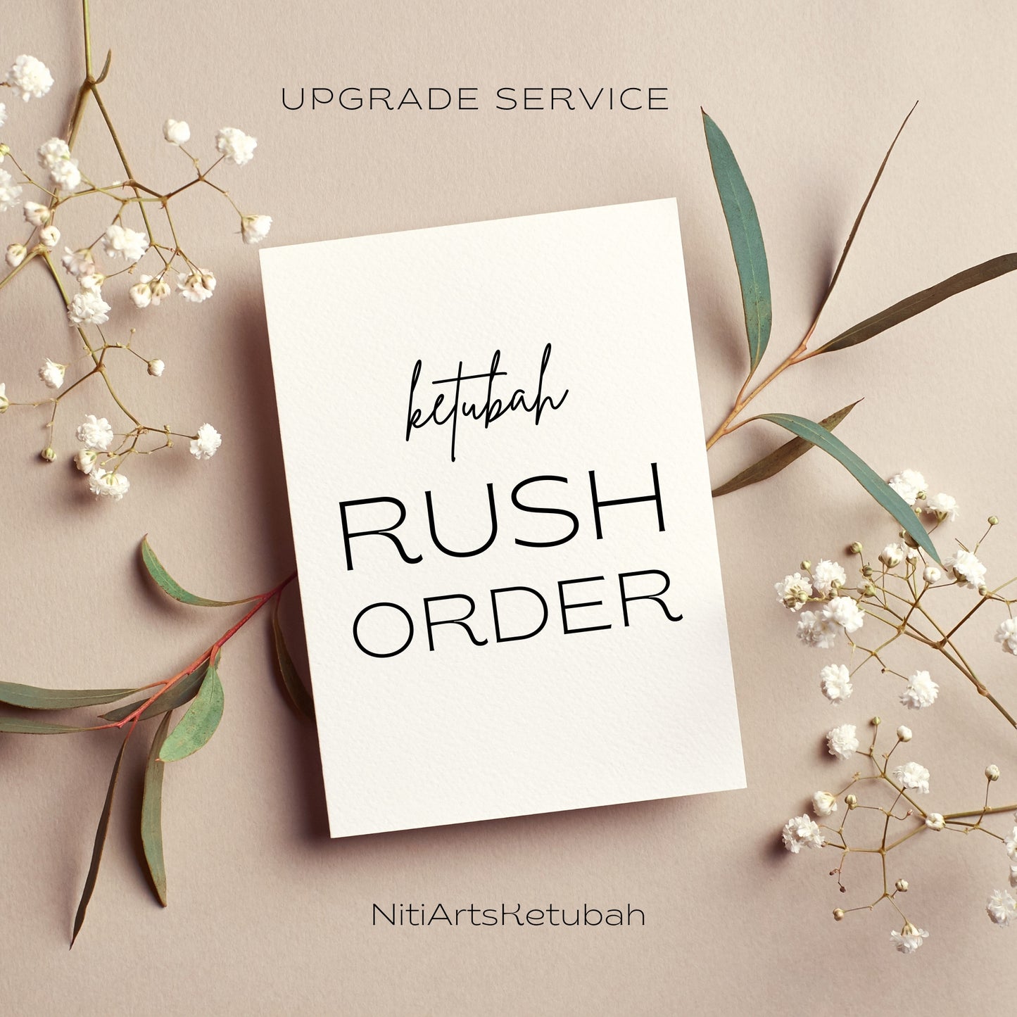 Card with 'Rush Order' text on a beige background with floral elements