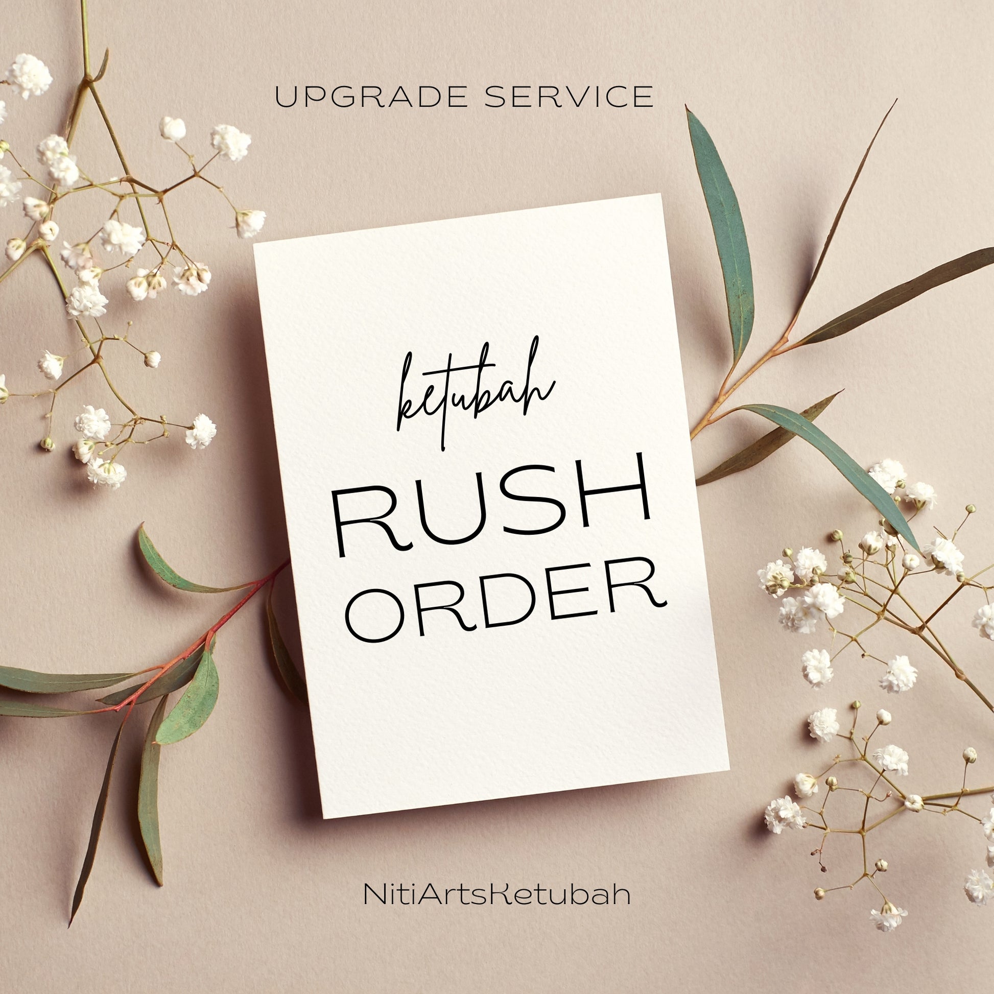 Card with 'Rush Order' text on a beige background with floral elements