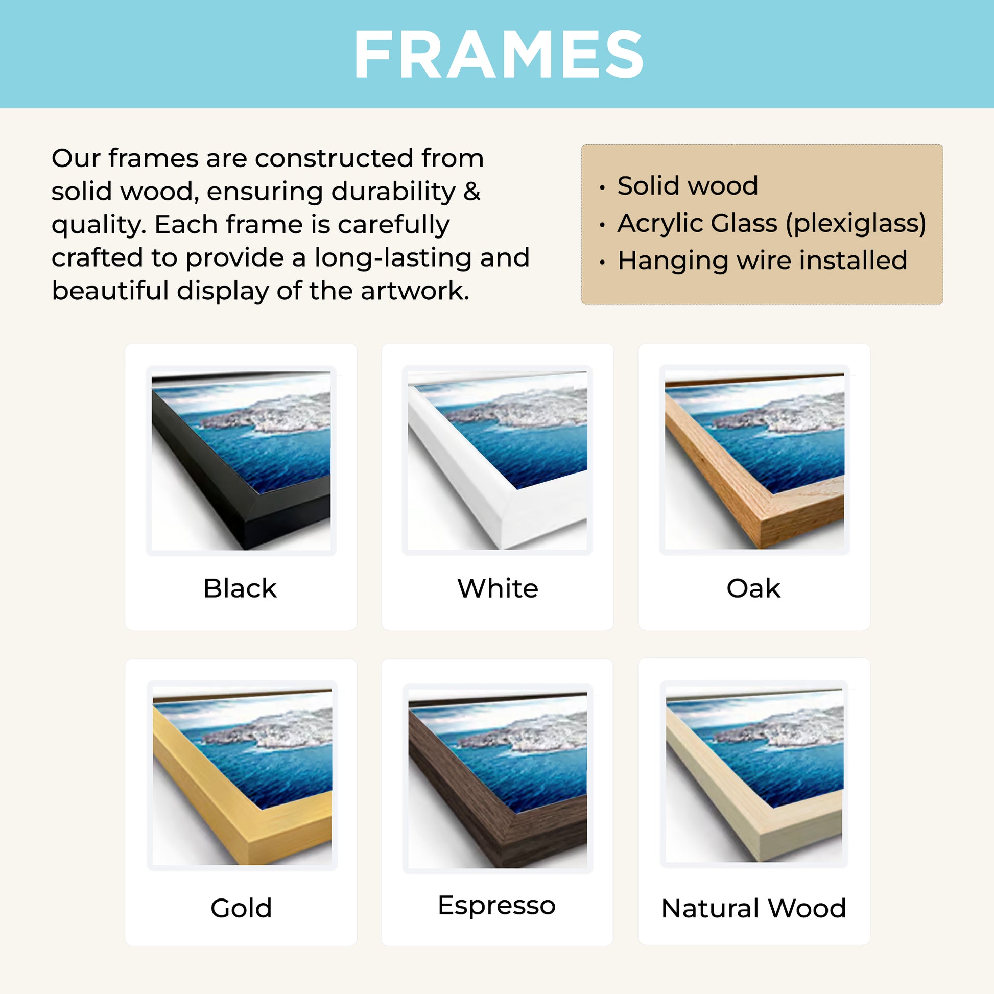 Display of various frame color options for wedding ketubahs.