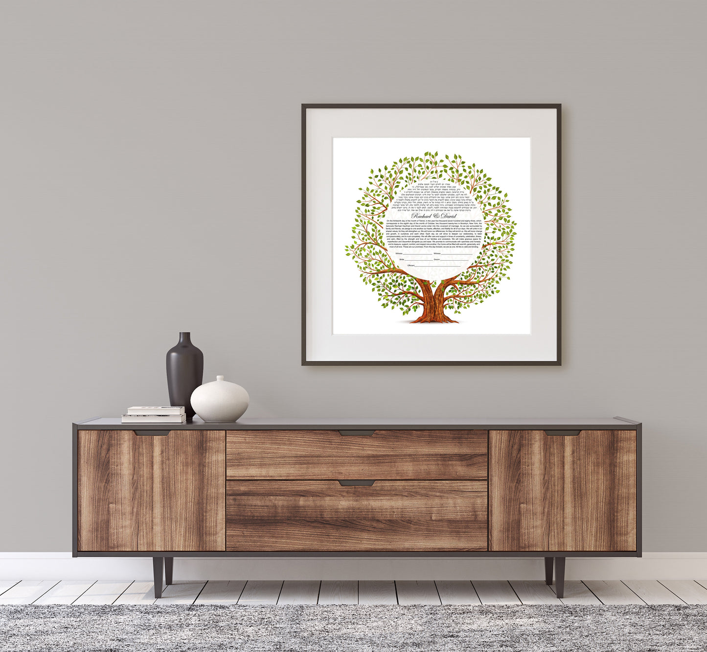 Tree of life ketubah giclee print hanging on a wall